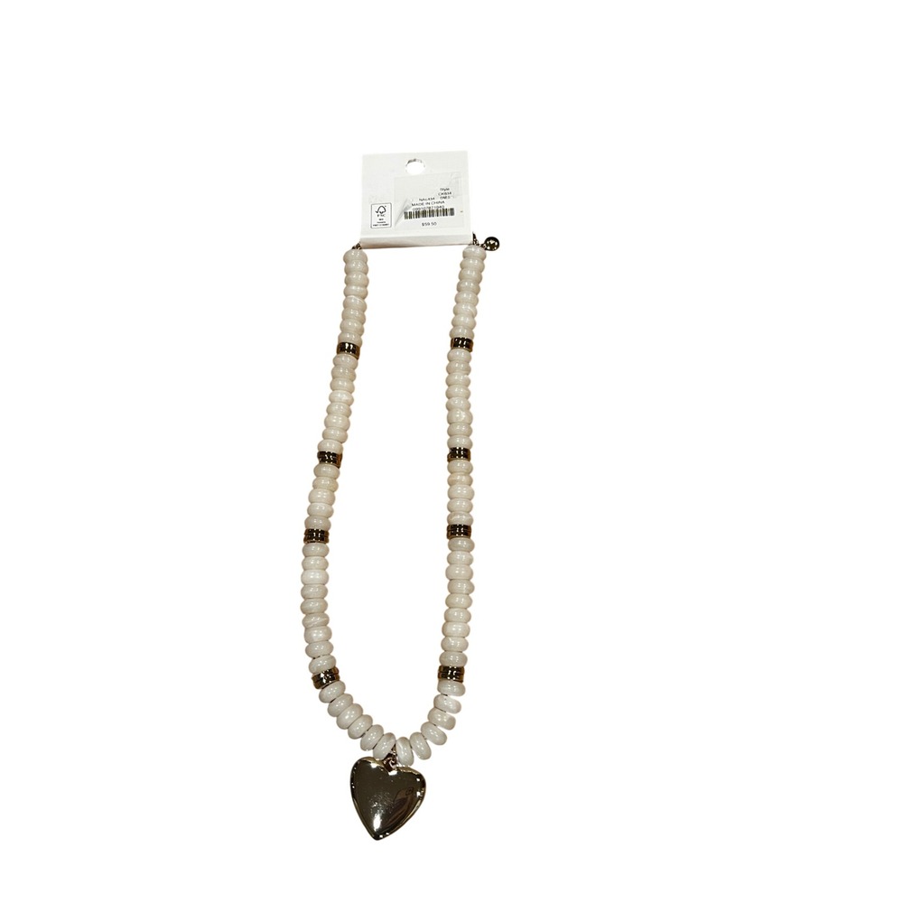 New Cream Marbled Resin Bead Heart Pendant Necklace Gold Tone Crystal Accents